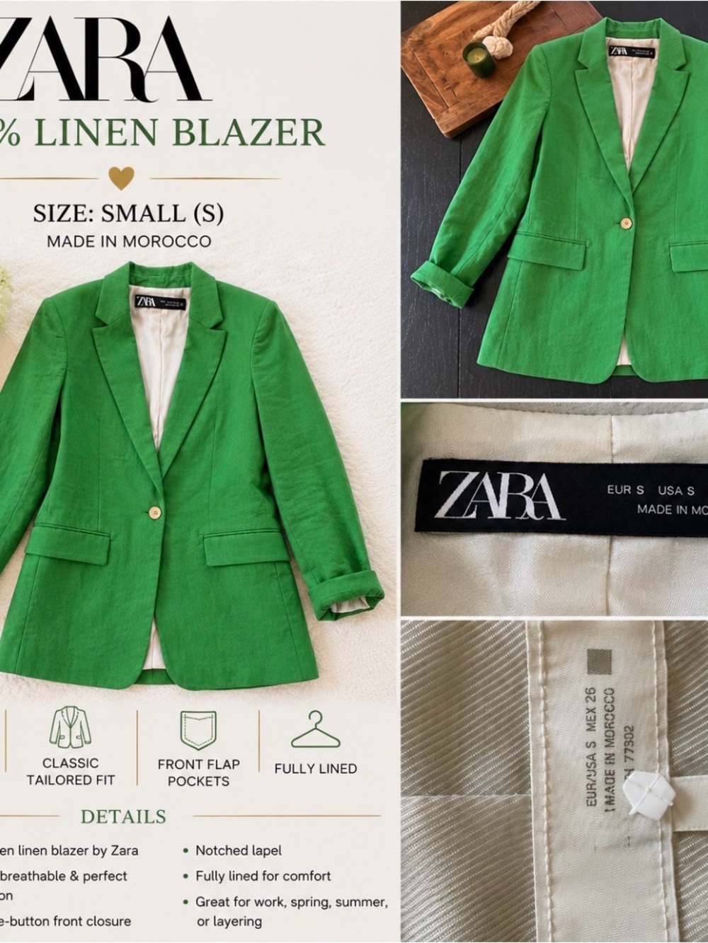 Zara Bright Green Linen Blazer
